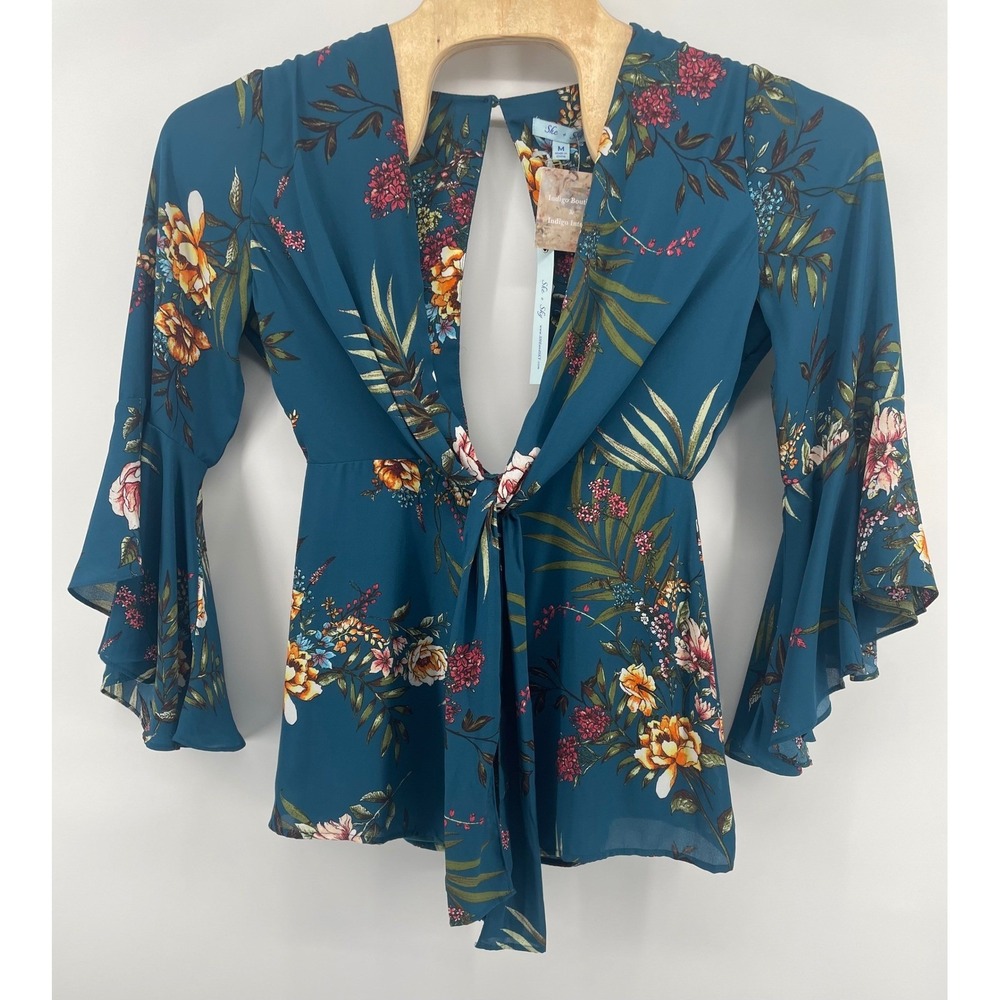 She + Sky Teal Tropical Palm Floral Tie Front Bell Sleeve Romper Med Resort NEW